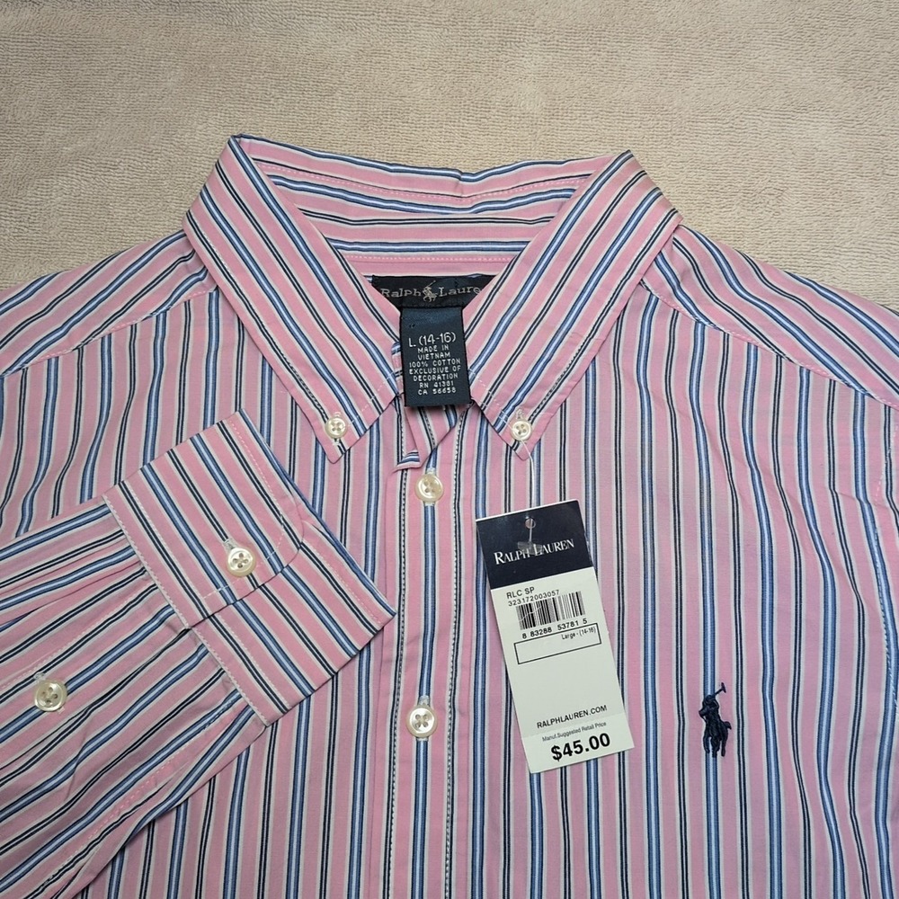 NWT Polo Ralph Lauren Button Down Pink/Blue Boys Long Sleeve Shirt Sz 7 (14-16)
